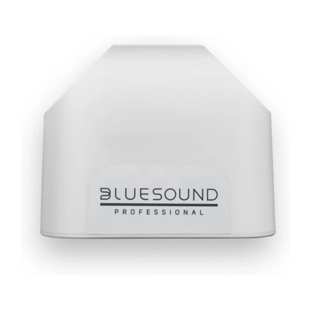 Bluesound BSP200 undersida i vit med Bluesound Professional-logotyp