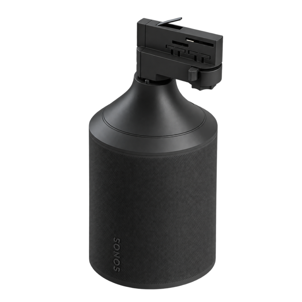 Svart skenadapter för 3-fas ljusskena till Sonos Era 100, sedd snett framifrån