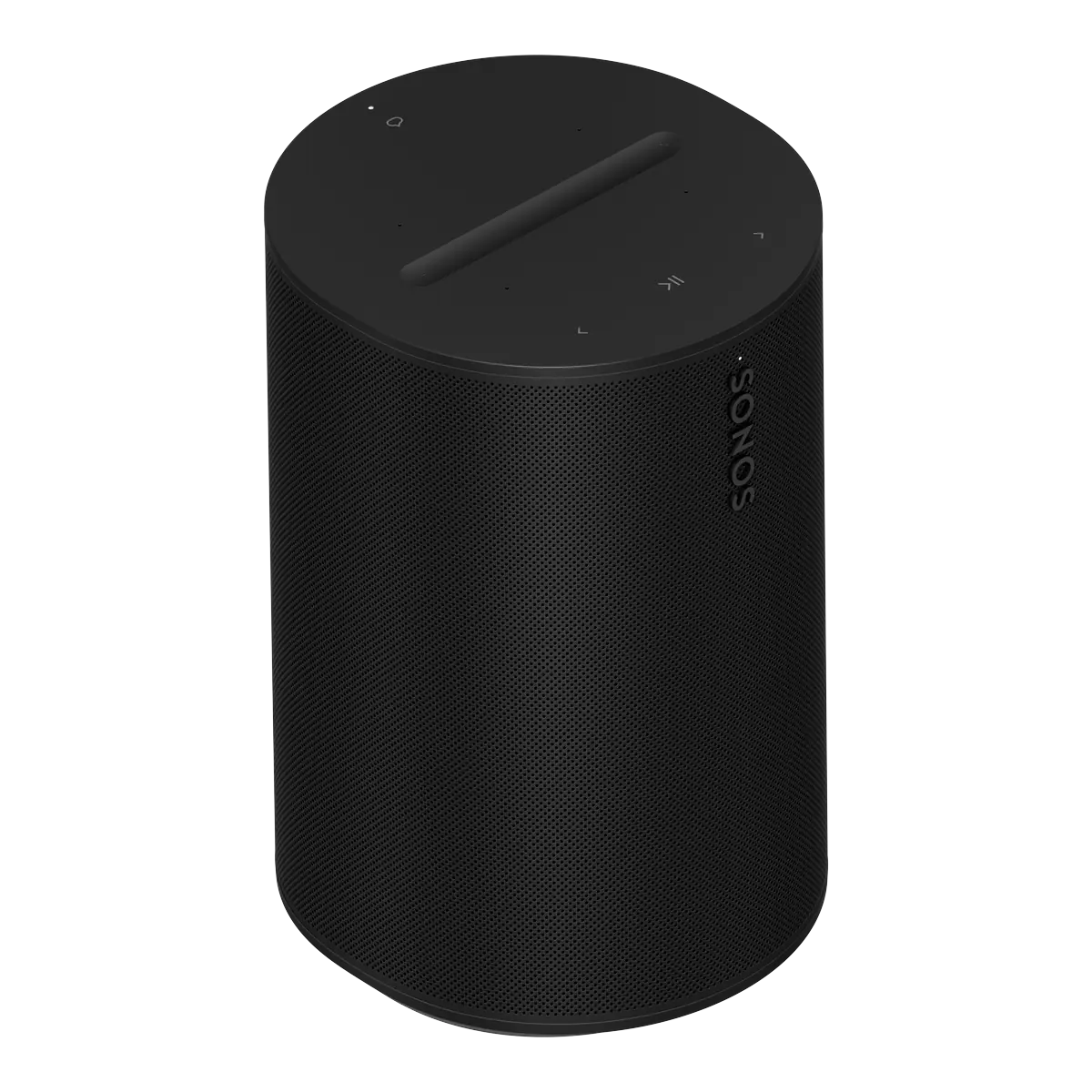 sonos-era-100-svart: Sonos Era 100 smart högtalare i svart, med touch-kontroller på ovansidan och Sonos-logotyp