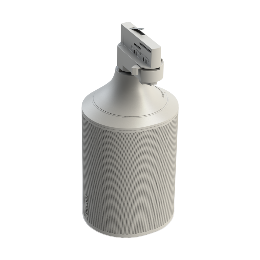 Vit skenadapter för 3-fas ljusskena till Sonos Era 100, sedd snett framifrån