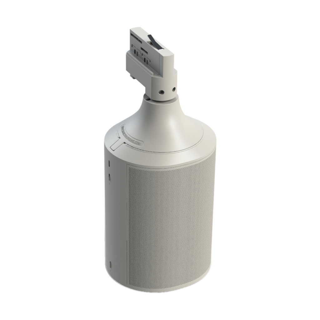 Vit skenadapter för 3-fas ljusskena till Sonos Era 100, sedd snett framifrån