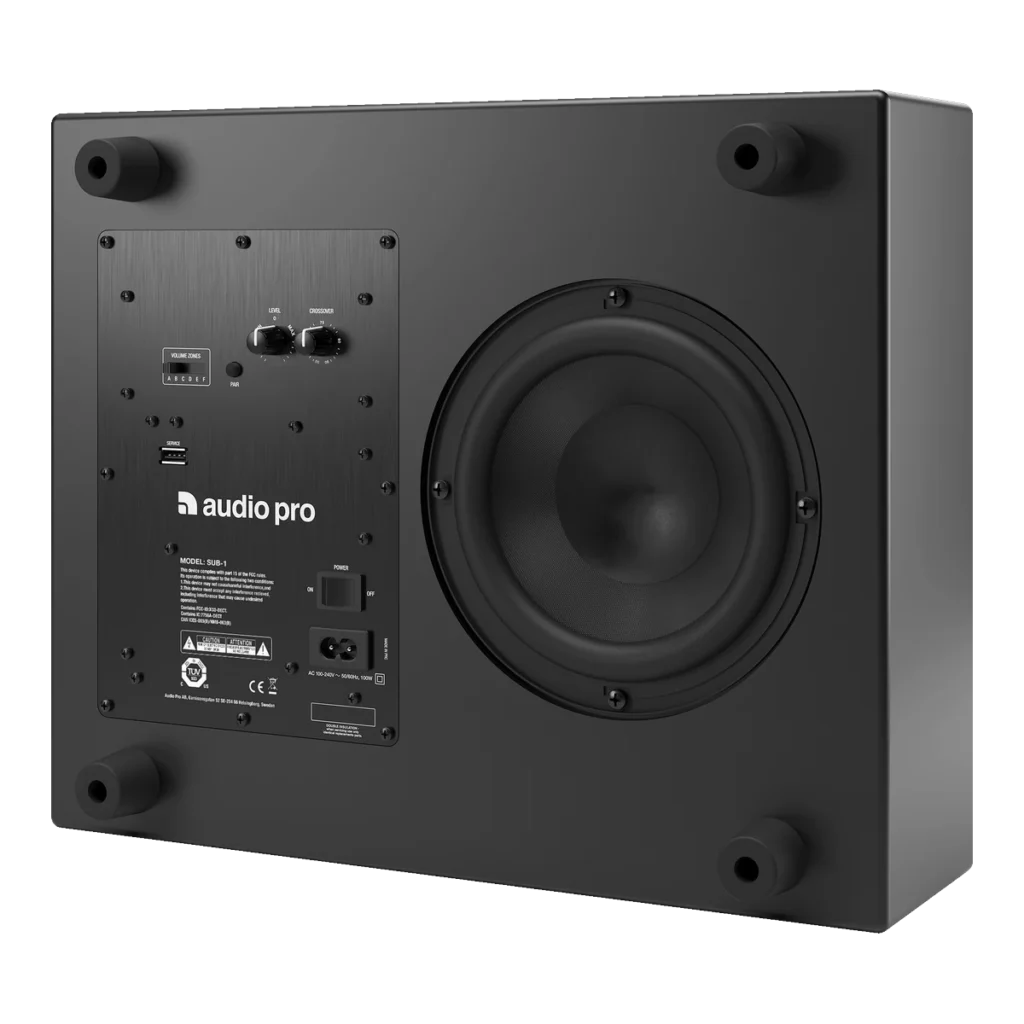 Audio Pro Business SUB-1 svart trådlös subwoofer, baksidan med baselement, anslutningar och fötter