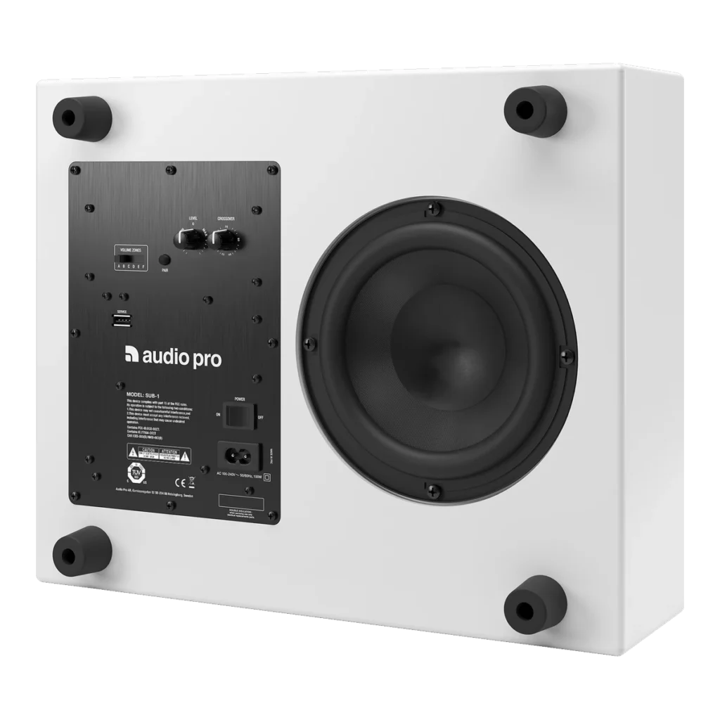 Audio Pro Business SUB-1 vit trådlös subwoofer, baksidan med baselement, anslutningar och fötter