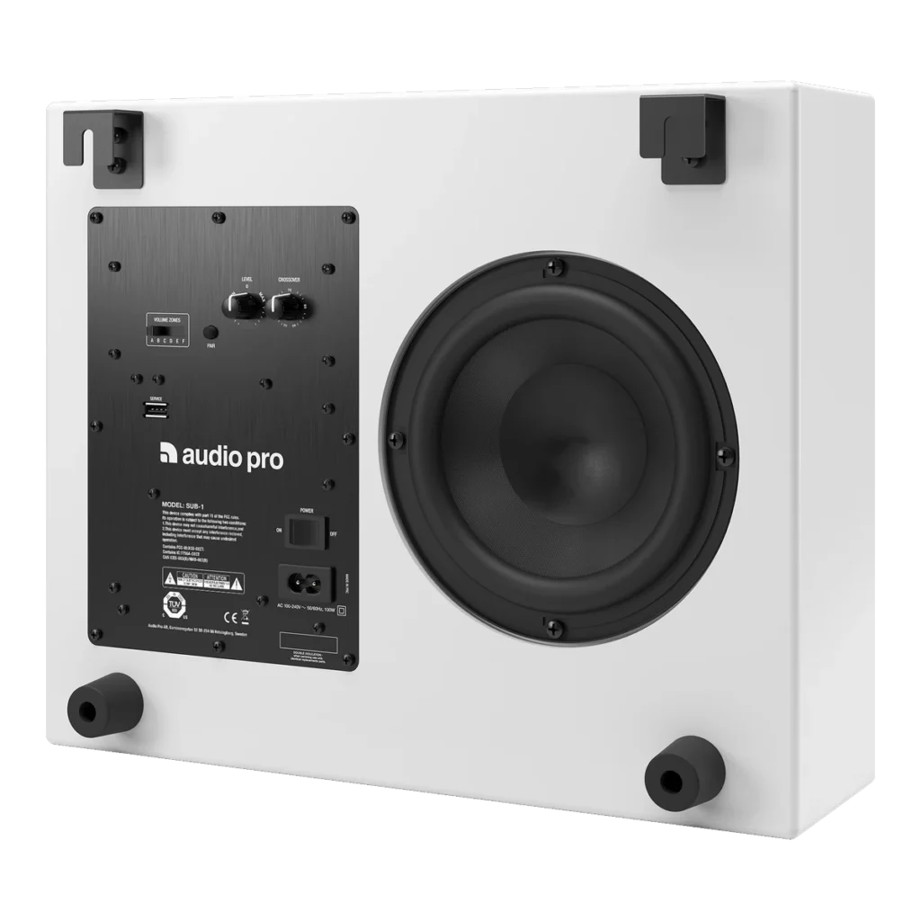 Audio Pro Business SUB-1 vit trådlös subwoofer, baksidan med väggfäste och baselement