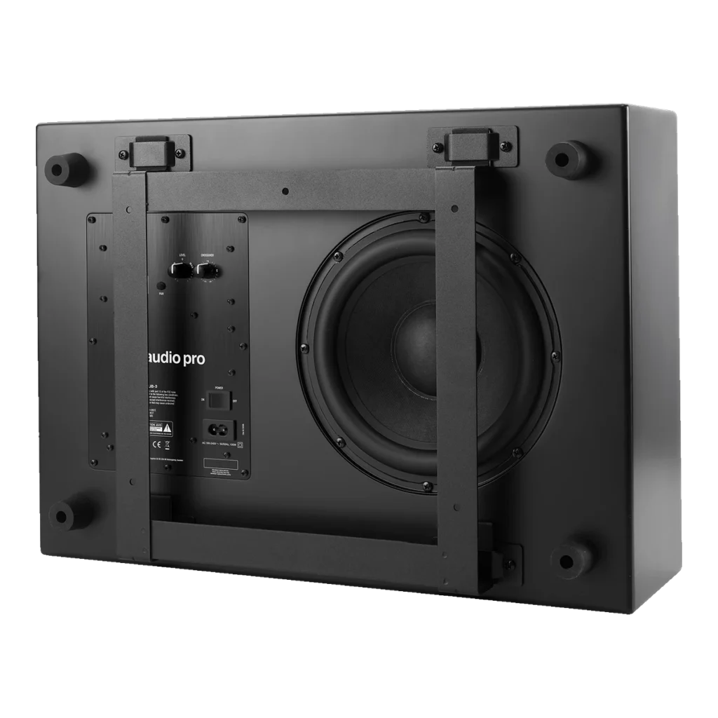 Audio Pro Business SUB-3 svart trådlös subwoofer, baksidan med väggfäste och baselement