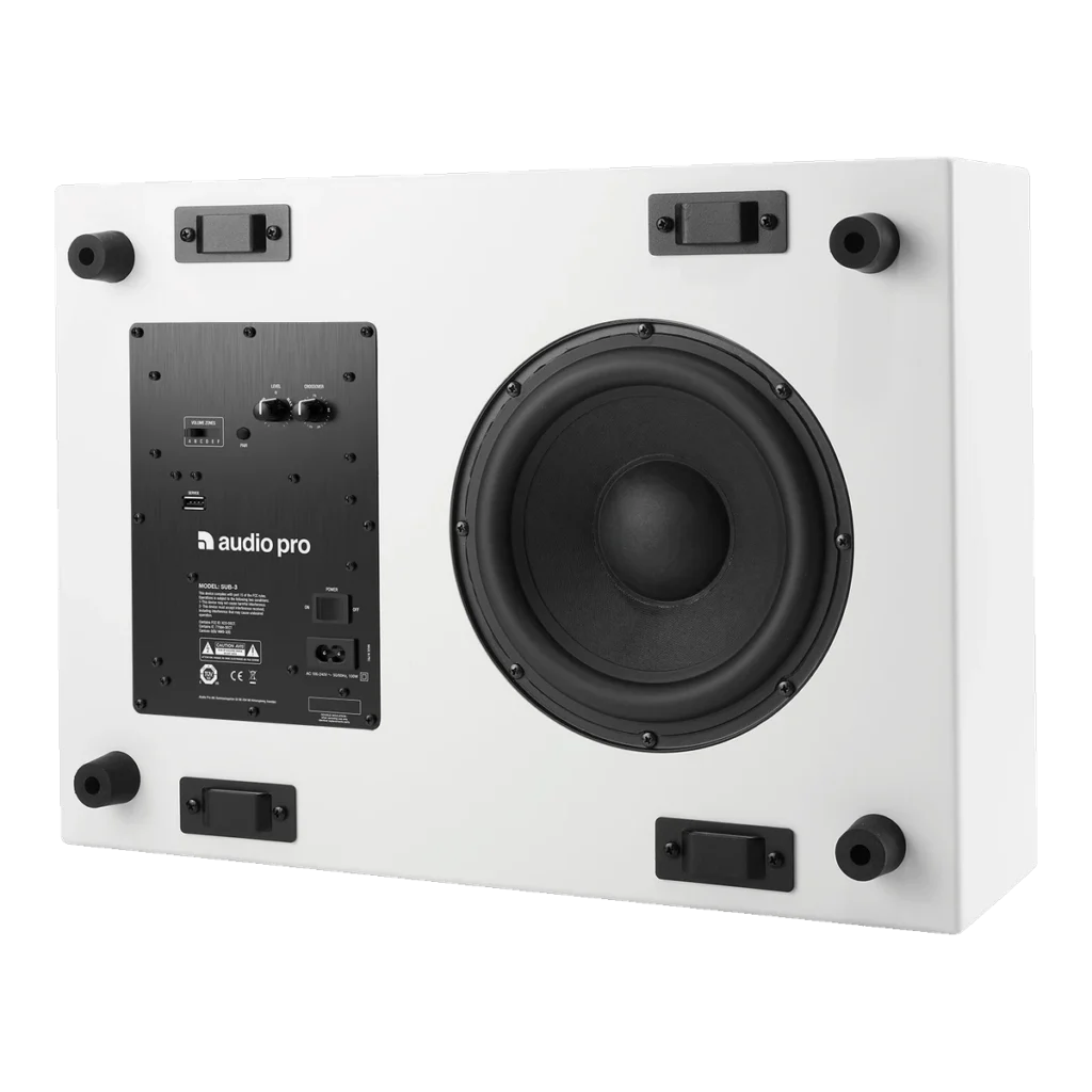 Audio Pro Business SUB-3 vit trådlös subwoofer, baksidan med baselement, anslutningar och fötter